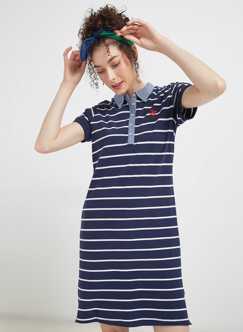 BEVERLY HILLS POLO CLUB - Yarn Dye Stripe Stretch Pique Polo Dress Navy Blue - Image 1