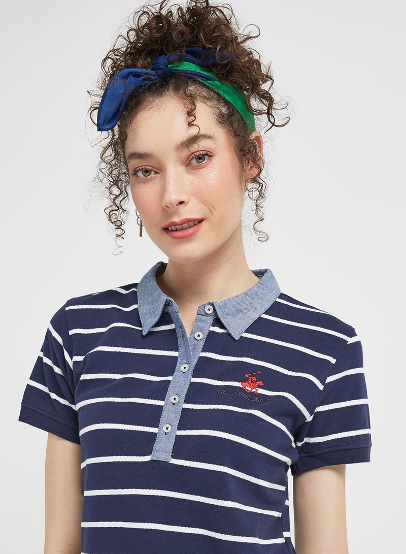 BEVERLY HILLS POLO CLUB - Yarn Dye Stripe Stretch Pique Polo Dress Navy Blue - Image 1