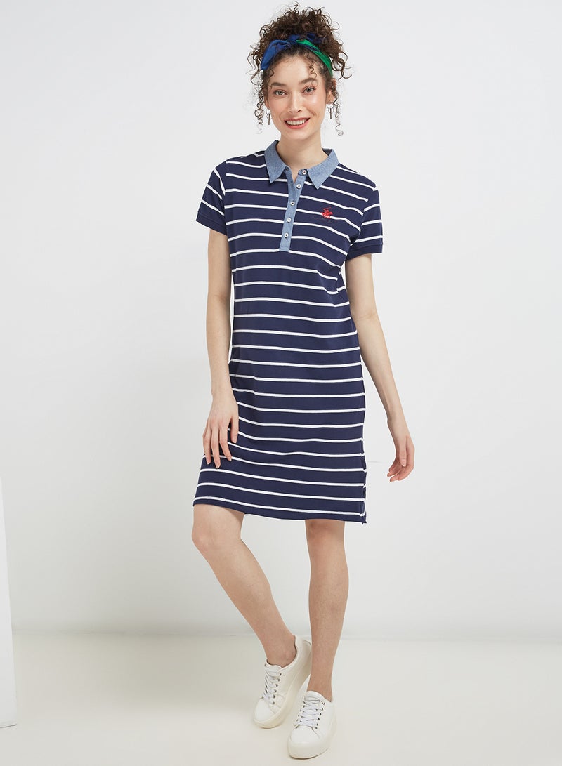 BEVERLY HILLS POLO CLUB - Yarn Dye Stripe Stretch Pique Polo Dress Navy Blue - Image 1