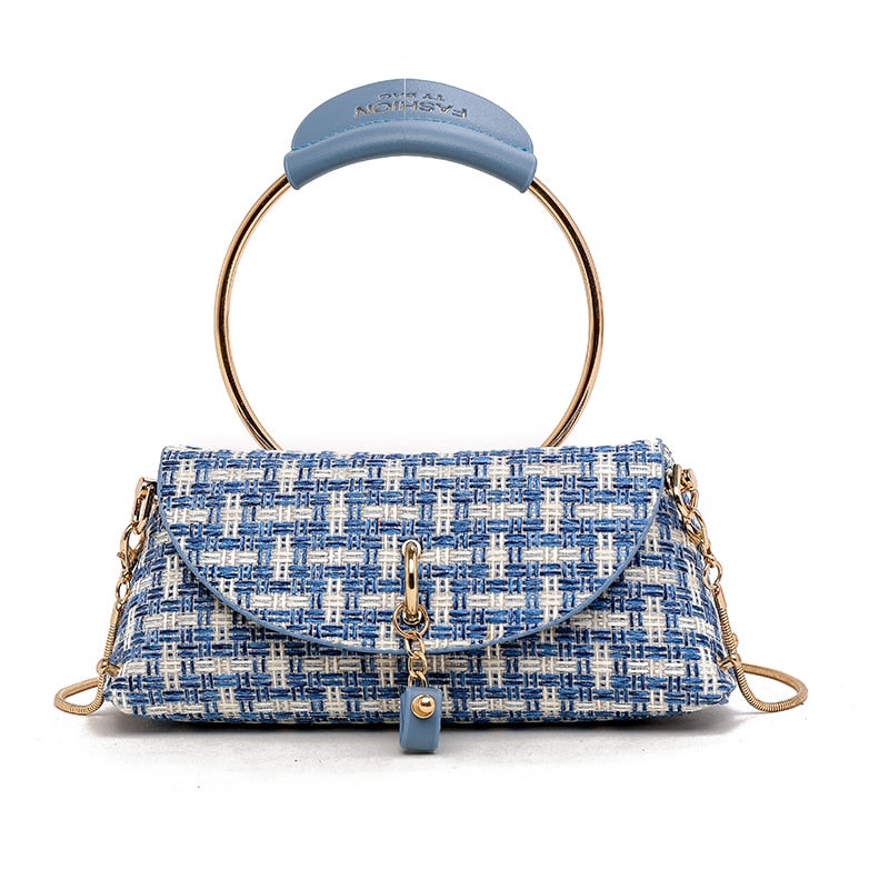 Generic - Plaid Pattern Ring Shape Handle Clutch Bag White - Image 1