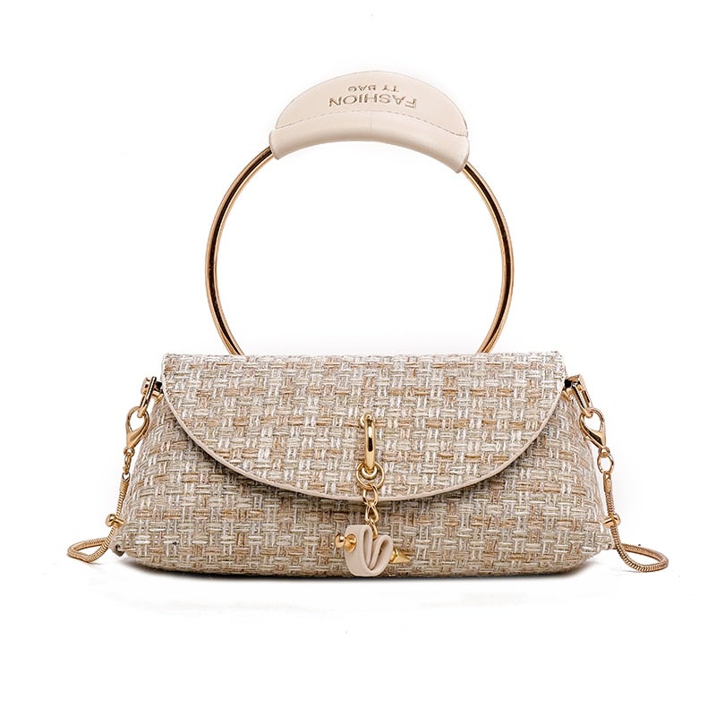 Generic - Plaid Pattern Ring Shape Handle Clutch Bag White - Image 1