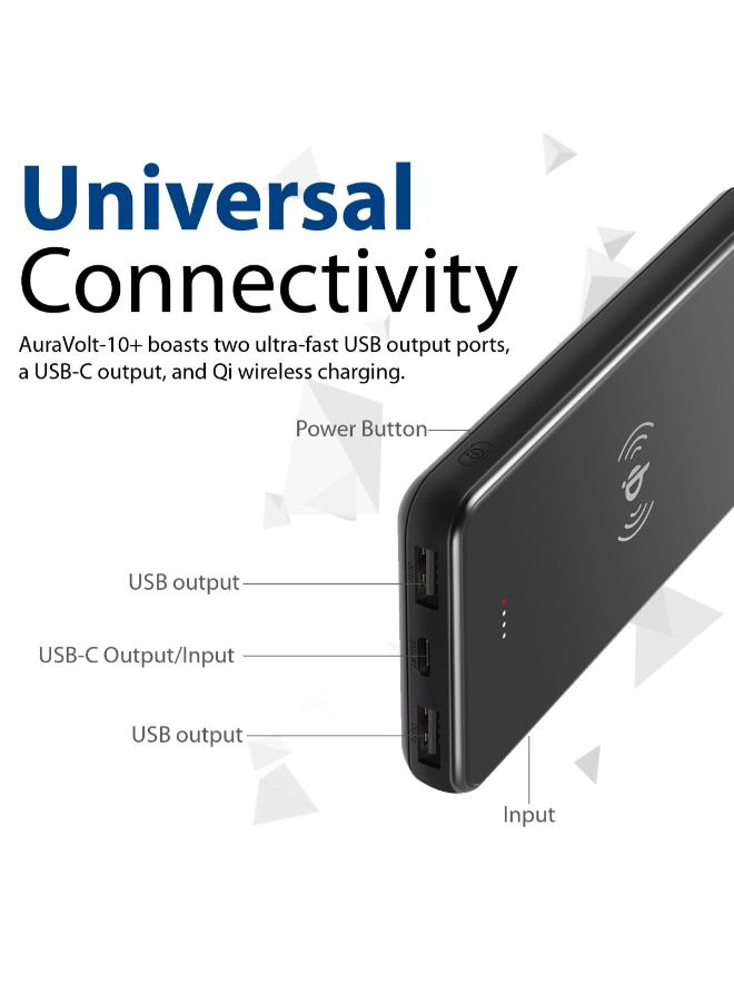 PROMATE - 10000.0 mAh Qi Wireless Charger Power Bank, Portable  Fast Charging Portable Charger with Type-C Input/ Output Port, 2.1A Dual USB Port and Full Tempered Glass Panel for Smartphone, Tablet, AuraVolt-10+ Black Black - Image 1