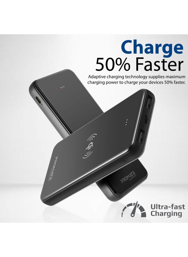 PROMATE - 10000.0 mAh Qi Wireless Charger Power Bank, Portable  Fast Charging Portable Charger with Type-C Input/ Output Port, 2.1A Dual USB Port and Full Tempered Glass Panel for Smartphone, Tablet, AuraVolt-10+ Black Black - Image 1