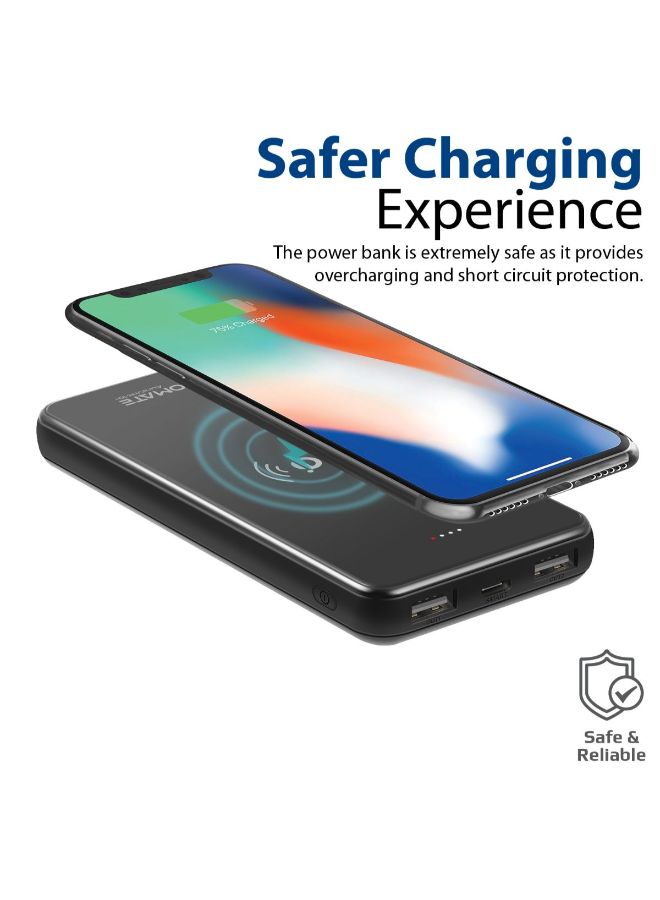 PROMATE - 10000.0 mAh Qi Wireless Charger Power Bank, Portable  Fast Charging Portable Charger with Type-C Input/ Output Port, 2.1A Dual USB Port and Full Tempered Glass Panel for Smartphone, Tablet, AuraVolt-10+ Black Black - Image 1