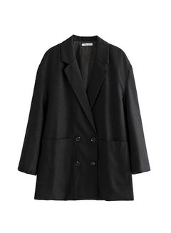 Notched Collar Long Sleeve Solid Color Double Breasted Coat Black