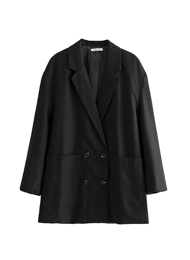 Generic - Notched Collar Long Sleeve Solid Color Double Breasted Coat Black - Image 1