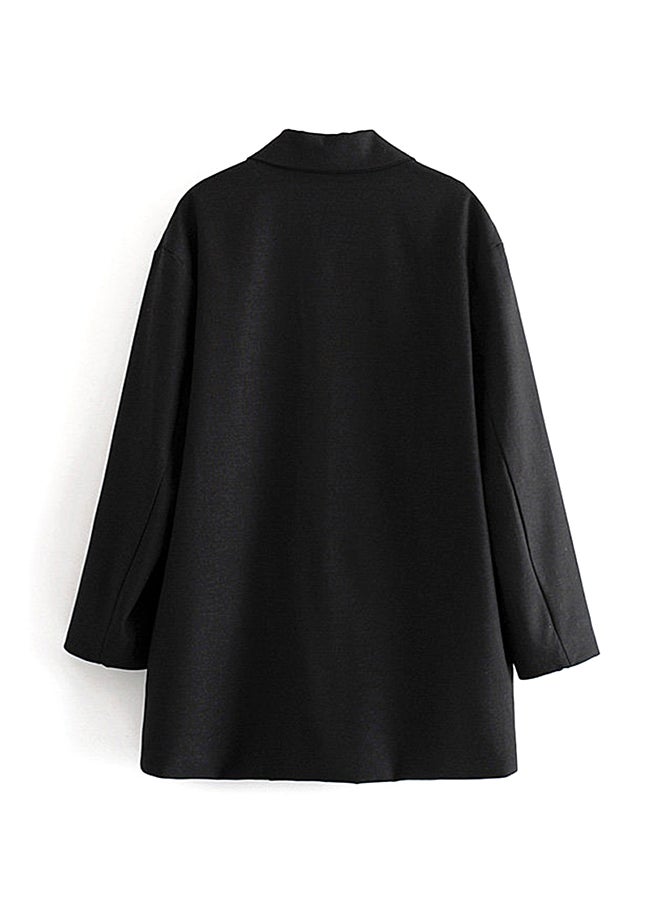 Generic - Notched Collar Long Sleeve Solid Color Double Breasted Coat Black - Image 1