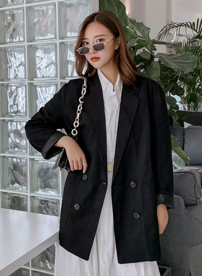 Generic - Notched Collar Long Sleeve Solid Color Double Breasted Coat Black - Image 1