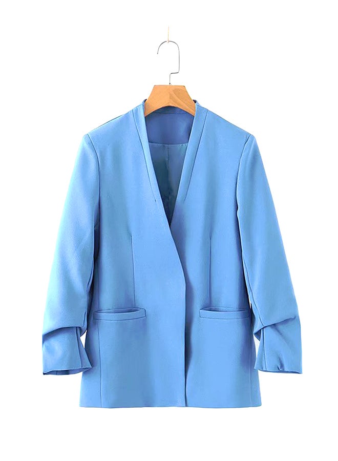 Solid Color Long Sleeve Coat Blue - Image 1