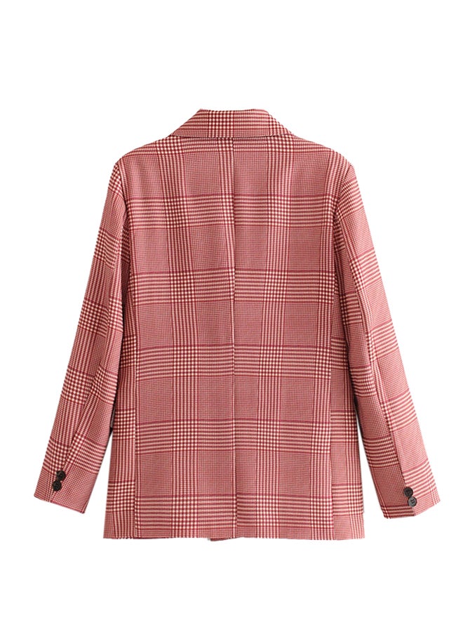 Vintage Long Sleeve Plaid Coat Red - Image 2