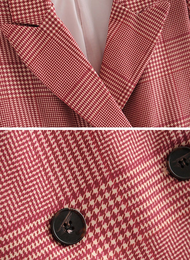 Vintage Long Sleeve Plaid Coat Red - Image 3