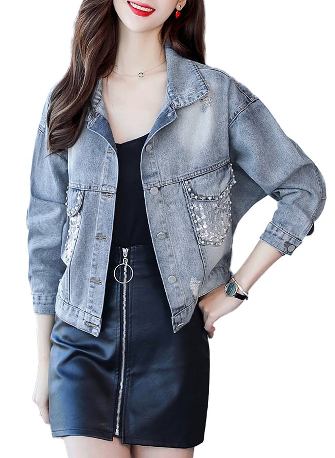 Turn Down Collar Long Sleeve Denim Jacket Blue  - Image 1