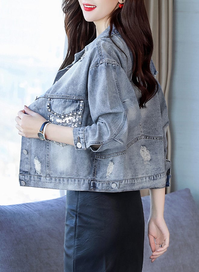 Turn Down Collar Long Sleeve Denim Jacket Blue  - Image 2