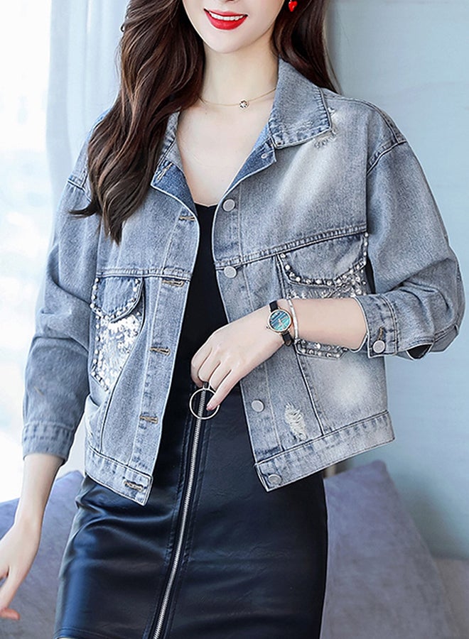 Turn Down Collar Long Sleeve Denim Jacket Blue  - Image 3