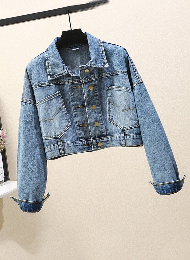Turn Down Collar Denim Jacket Blue - Image 3