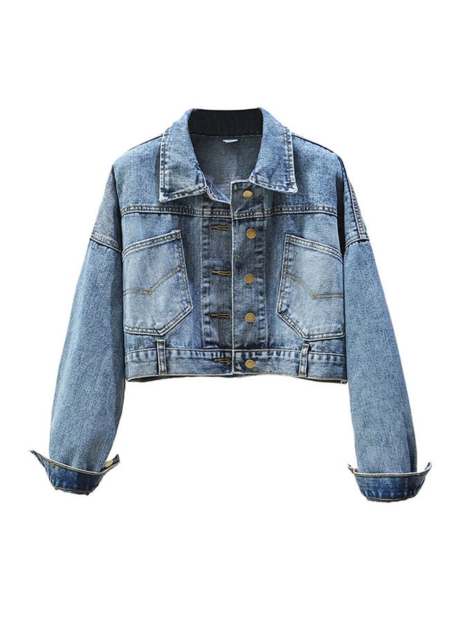 Turn Down Collar Denim Jacket Blue - Image 1