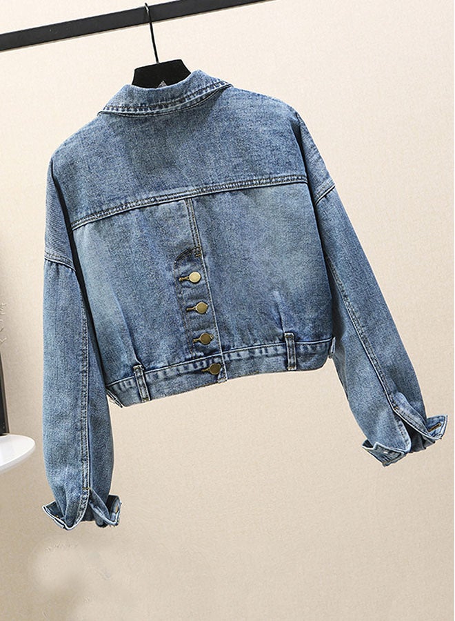Turn Down Collar Denim Jacket Blue - Image 2