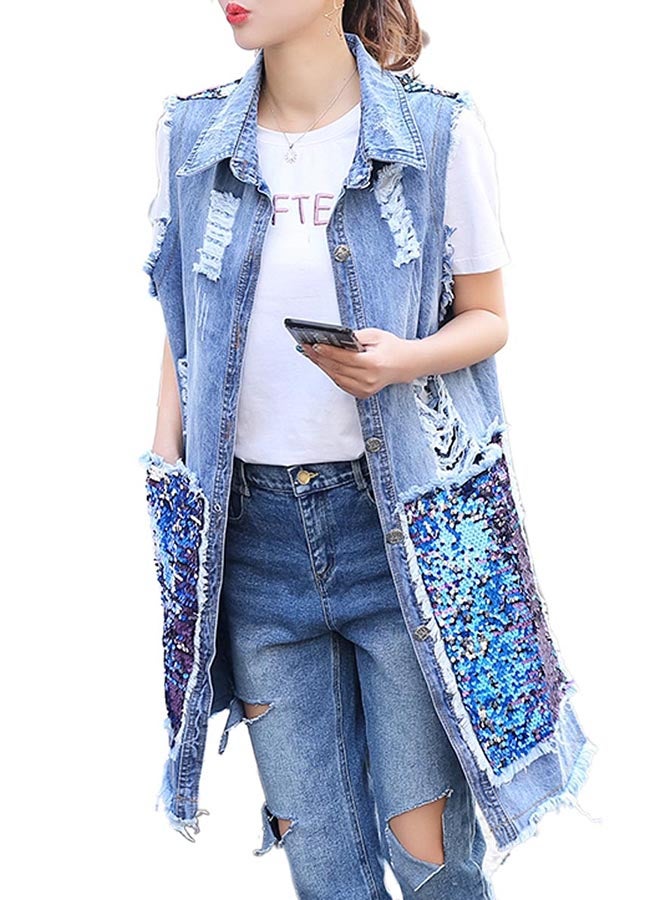 Turn Down Collar Sleeveless Sequins Pocket Denim Coat Blue - Image 1