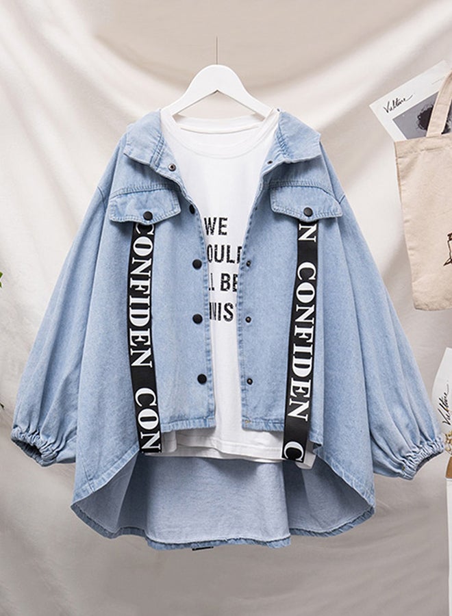 Hooded Ribbon Patch Color Block Denim Jacket Blue  - Image 3