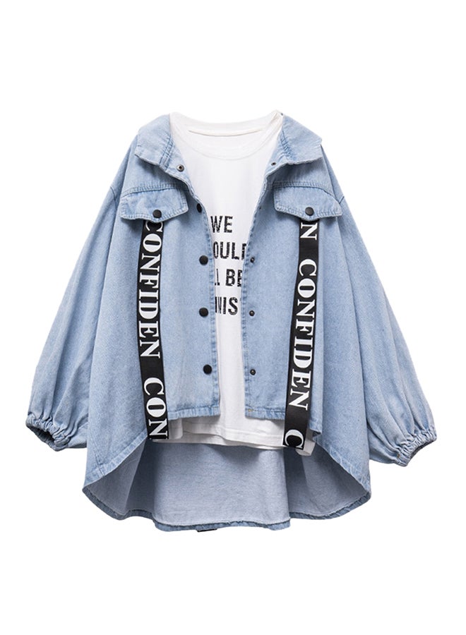 Hooded Ribbon Patch Color Block Denim Jacket Blue  - Image 1
