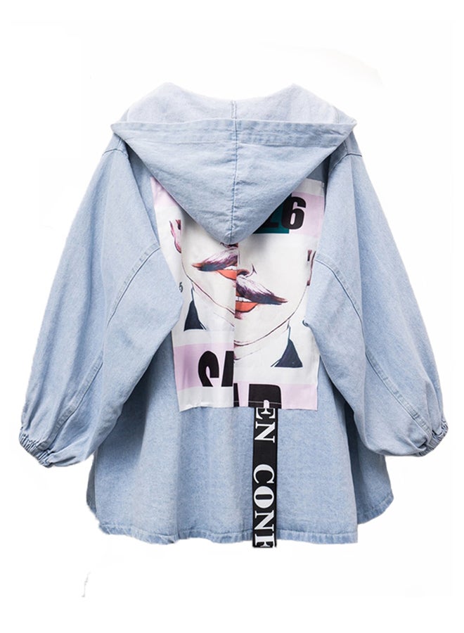 Hooded Ribbon Patch Color Block Denim Jacket Blue  - Image 2