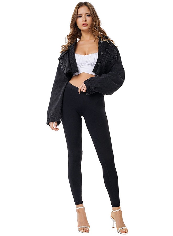 Solid Jacket Loose Frayed Denim Jacket Black  - Image 3