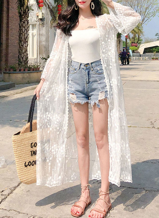 Loose Casual Long Sleeve Kimono White  - Image 1