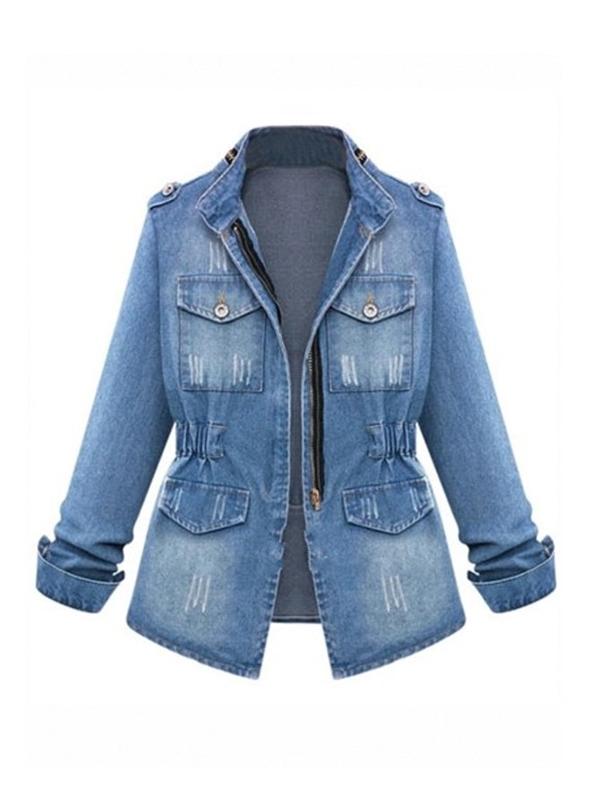 Stand Collar Long Sleeve Pocket Denim Jacket Blue  - Image 1