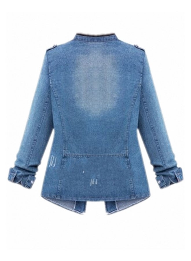 Stand Collar Long Sleeve Pocket Denim Jacket Blue  - Image 2