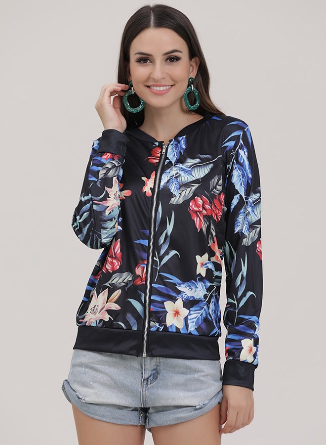 Long Sleeve Floral Print Bomber Jacket Black - Image 1