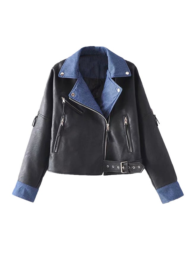 جاكيت بأكمام طويلة من الجلد الصناعي أسود - Image 1