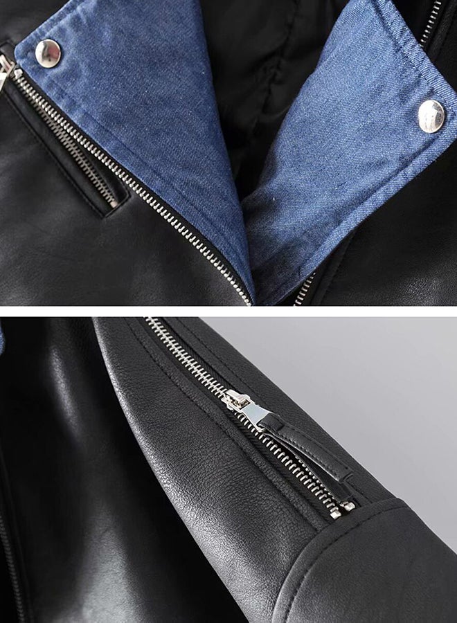 جاكيت بأكمام طويلة من الجلد الصناعي أسود - Image 3