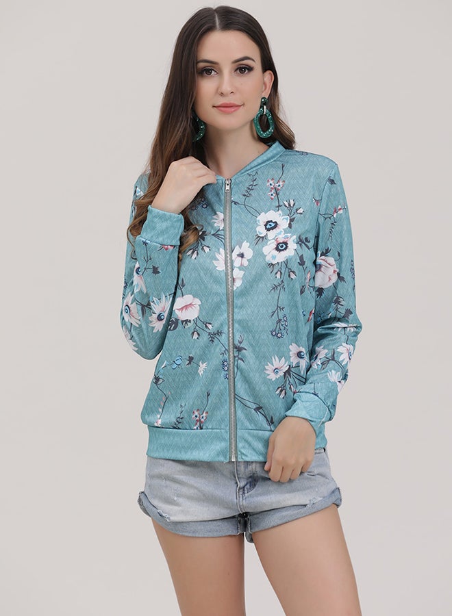 Long Sleeve Floral Print Bomber Jacket Green - Image 1