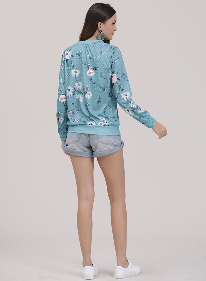 Long Sleeve Floral Print Bomber Jacket Green - Image 2