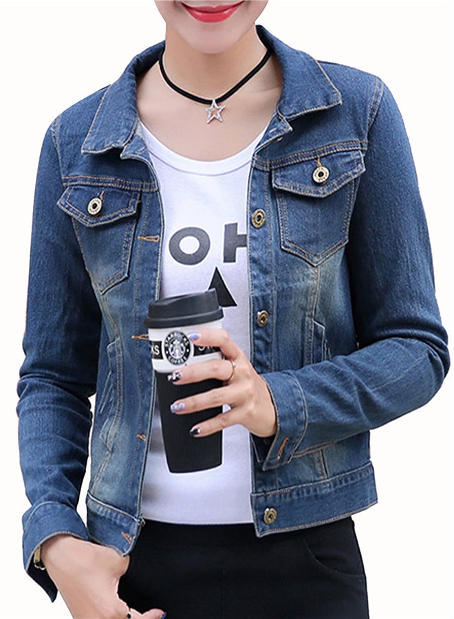 Turn Down Collar Long Sleeve Denim Jacket Blue - Image 1