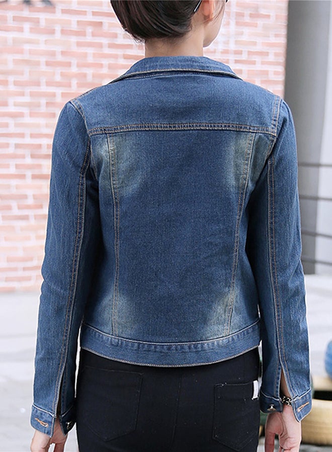 Turn Down Collar Long Sleeve Denim Jacket Blue - Image 2
