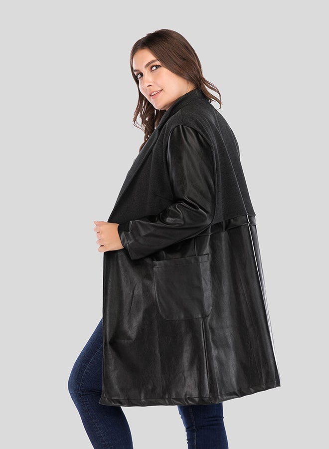 معطف جلد صناعي بأكمام طويلة أسود - Image 2