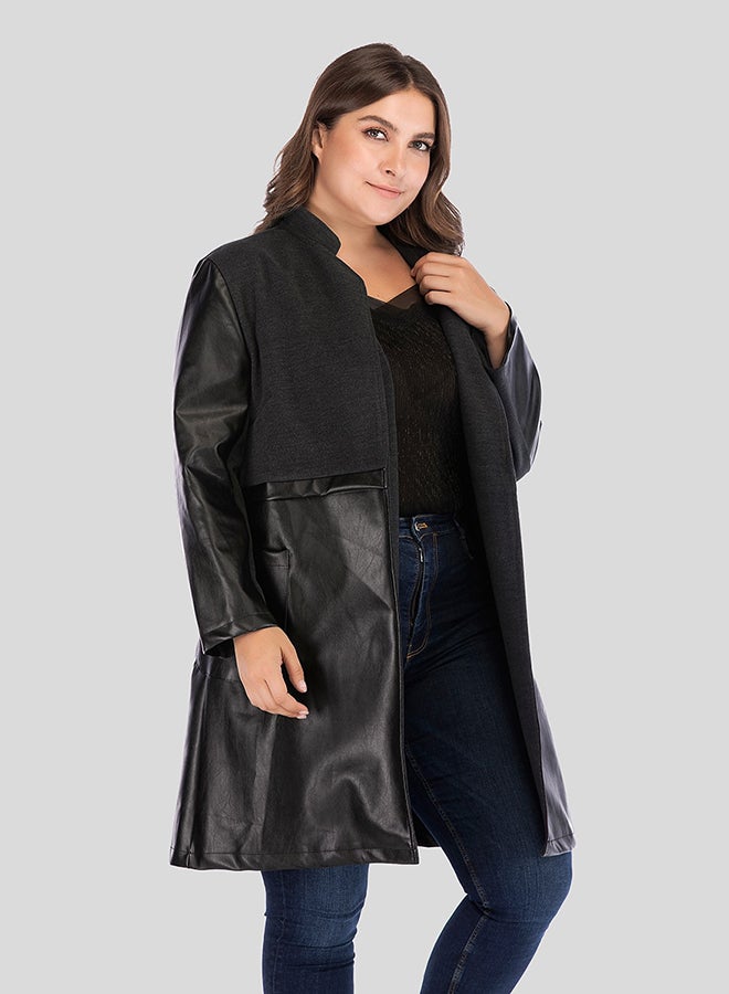 معطف جلد صناعي بأكمام طويلة أسود - Image 3