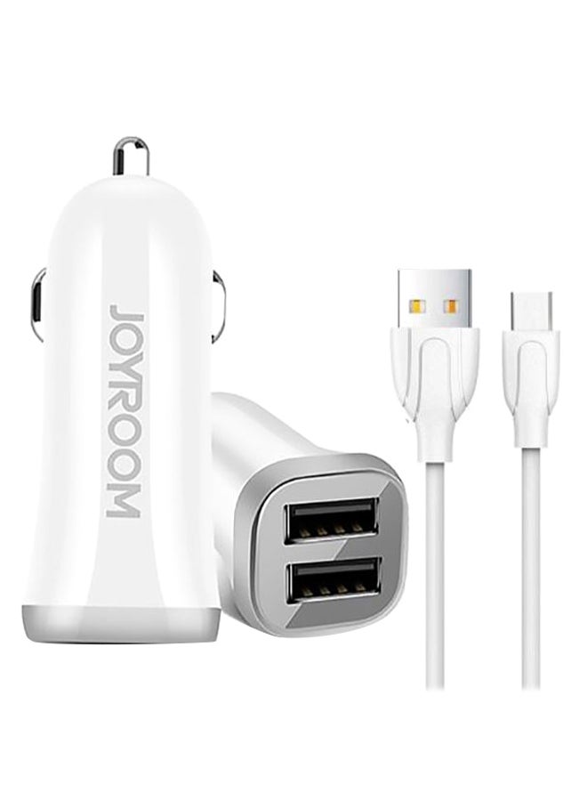 Dual USB Car Charger With Type-C Charging Cable White - Image 1