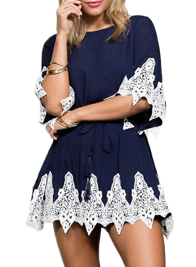 Floral Lace Self-Tie Belt Backless Mini Dress Dark Blue  - Image 3