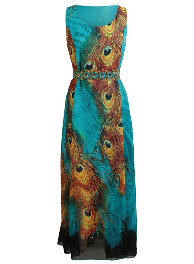 فستان طويل بدون أكمام بتصميم طبعة ريش - Image 1