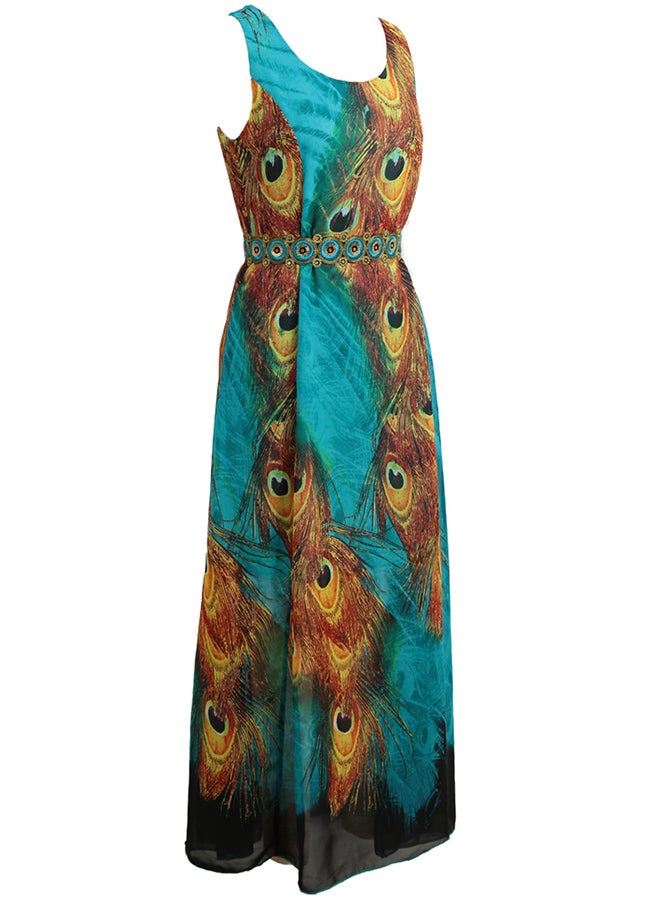 فستان طويل بدون أكمام بتصميم طبعة ريش - Image 3