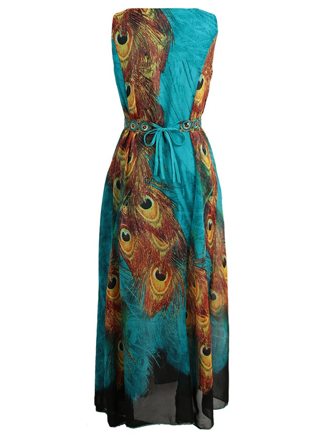 فستان طويل بدون أكمام بتصميم طبعة ريش - Image 2