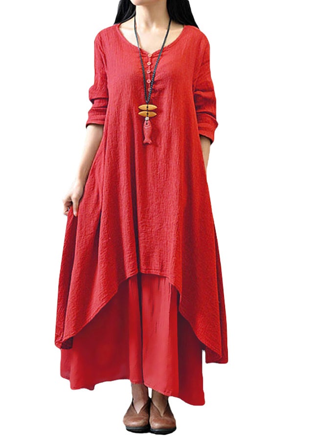 Generic - Long Sleeve Solid Boho Maxi Dress Red - Image 1