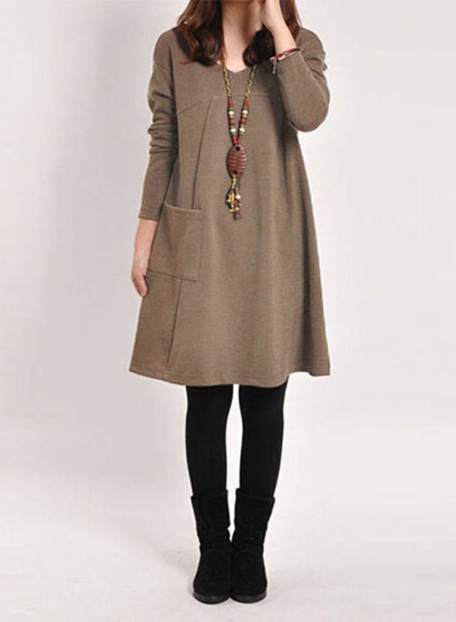 Long Sleeves Loose Dress With Pocket Coffee - Image 1