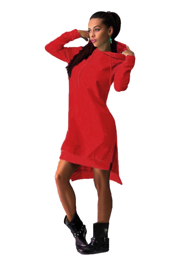 Long Sleeve Sweatshirt Dress With Pockets Red - Image 3
