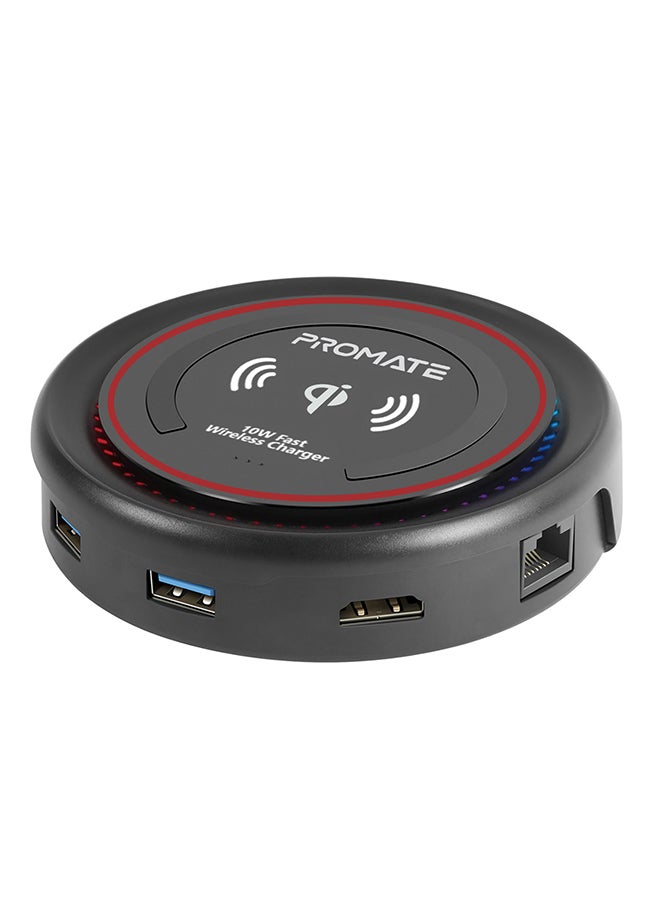 PROMATE - USB C Hub with Qi Wireless Charger, USB Type-C Docking Station with 100W Type-C Power Delivery, HDMI 4K, Dual USB 3.0 Port, 1000Mbps Ethernet Port and Detachable Qi Wireless Charging Pad for Smartphones, Laptop, CenterHub Maroon Maroon - Image 1