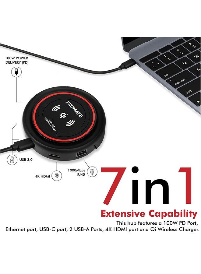PROMATE - USB C Hub with Qi Wireless Charger, USB Type-C Docking Station with 100W Type-C Power Delivery, HDMI 4K, Dual USB 3.0 Port, 1000Mbps Ethernet Port and Detachable Qi Wireless Charging Pad for Smartphones, Laptop, CenterHub Maroon Maroon - Image 1