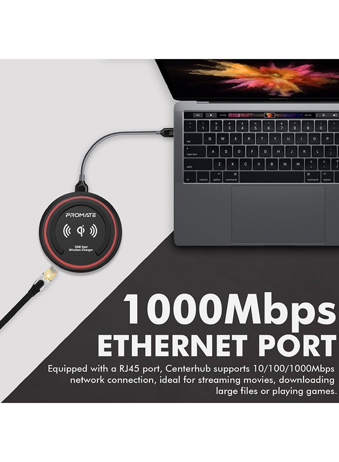 PROMATE - USB C Hub with Qi Wireless Charger, USB Type-C Docking Station with 100W Type-C Power Delivery, HDMI 4K, Dual USB 3.0 Port, 1000Mbps Ethernet Port and Detachable Qi Wireless Charging Pad for Smartphones, Laptop, CenterHub Maroon Maroon - Image 1