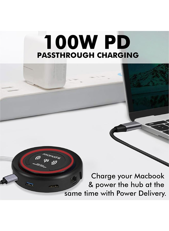 PROMATE - USB C Hub with Qi Wireless Charger, USB Type-C Docking Station with 100W Type-C Power Delivery, HDMI 4K, Dual USB 3.0 Port, 1000Mbps Ethernet Port and Detachable Qi Wireless Charging Pad for Smartphones, Laptop, CenterHub Maroon Maroon - Image 1